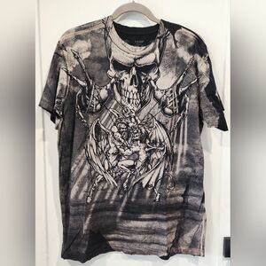 Rare Vtg Affliction Puppet Master God Vs Devil Demon Shirt L Y2K All Over Print